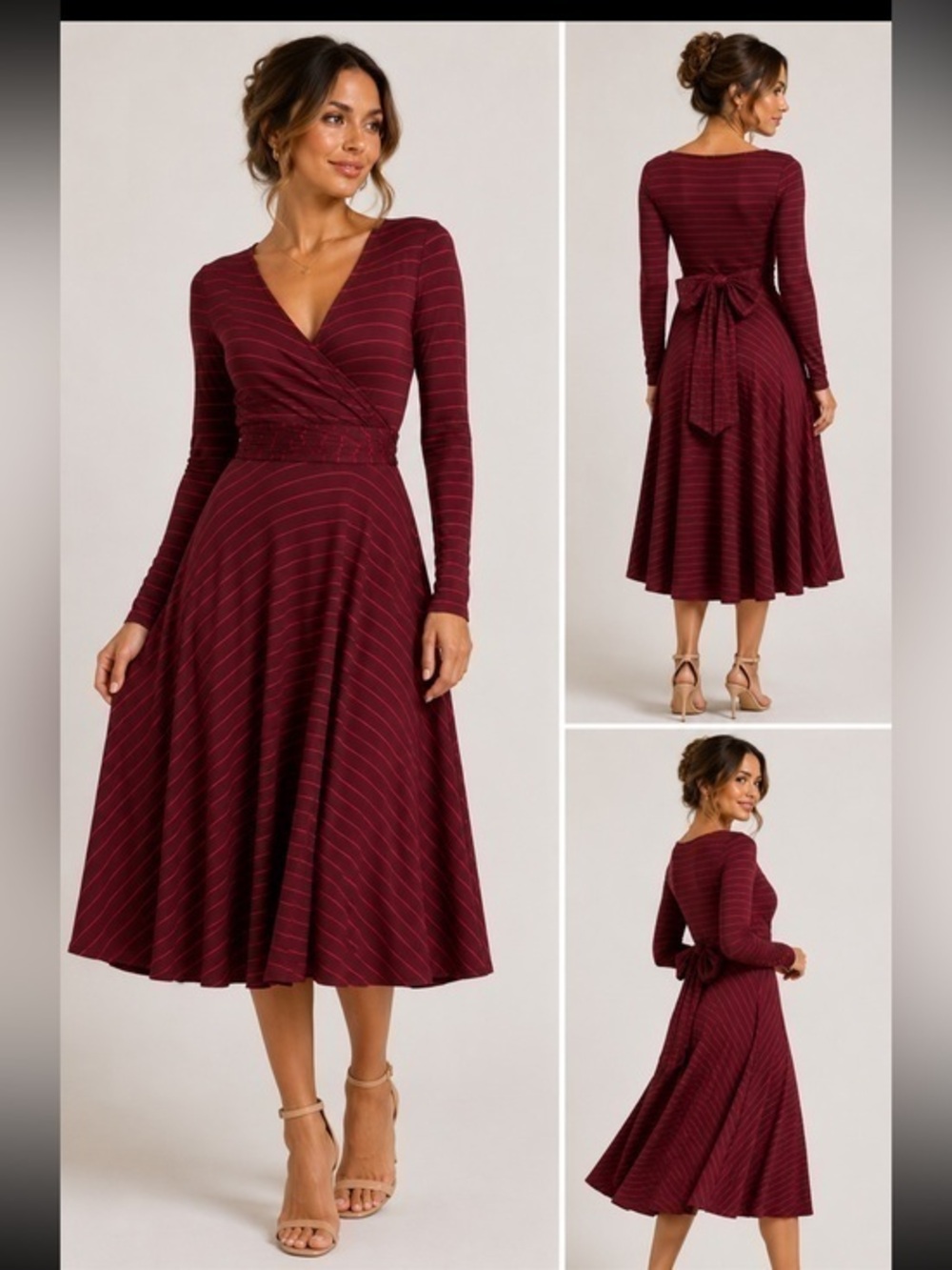 Butter by Nadia Burgundy Striped Wrap Maxi Dress Boho Long Sleeve Tie Waist